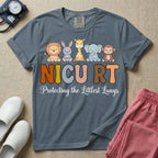 Neonatal Intensive Care Unit NICU RT respiratory therapist t-shirt featuring a row of cute cartoon animals including a lion, bunny, giraffe, elephant, and monkey sitting on the text "NICU RT" positioned above the cursive text "Protecting the Littlest Lungs".