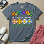 A retro-style graphic for a Neonatal Intensive Care Unit featuring the text 'NEONATAL' in colorful, arched bubbly letters above 'INTENSIVE CARE UNIT' and a row of four smiling daisy flowers.