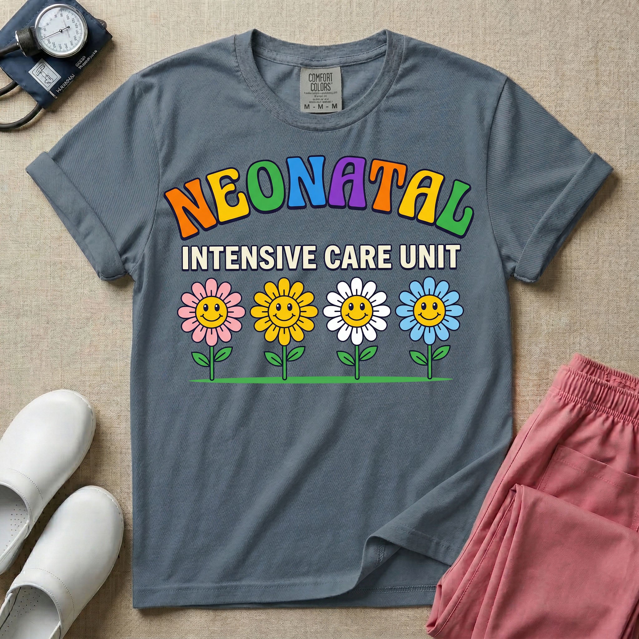A retro-style graphic for a Neonatal Intensive Care Unit featuring the text 'NEONATAL' in colorful, arched bubbly letters above 'INTENSIVE CARE UNIT' and a row of four smiling daisy flowers.