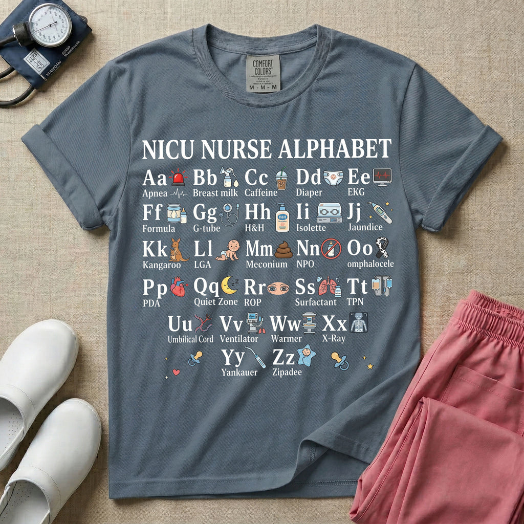 A graphic for a Neonatal Intensive Care Unit featuring the text 'NICU NURSE ALPHABET' above a comprehensive grid displaying the letters A through Z, each paired with a tiny medical illustration and term related to NICU nursing.