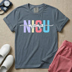 A graphic for the Neonatal Intensive Care Unit featuring the word 'NICU' in large, colorful pastel block letters with the word 'mama' written in a flowing white cursive font across the center.