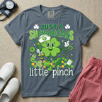 General nursing nurse t-shirt with a retro clover just a shenanigans little pinch graphic in blue jean color.
