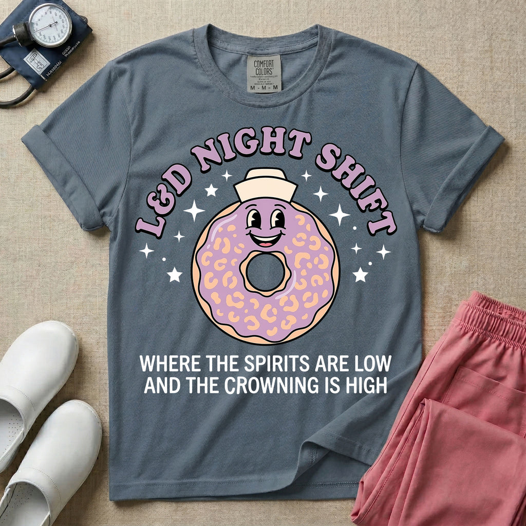 Labor and Delivery L&D night shift nurse t-shirt with a funny retro donut graphic where the spirits are low and the crowning is high in blue jean color.