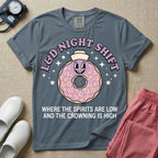 Labor and Delivery L&D night shift nurse t-shirt with a funny retro donut graphic where the spirits are low and the crowning is high in blue jean color.