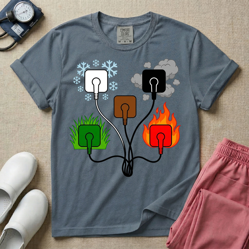 A minimalist t-shirt for nurses featuring an ECG lead placement mnemonic graphic with five connected electrical plugs, illustrating white snow over green grass, black smoke over red fire, and a central brown plug.