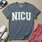 A minimalist graphic for the Neonatal Intensive Care Unit featuring the word 'NICU' printed in large, white, collegiate-style block letters across the chest.
