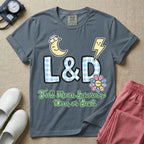Labor and Delivery L&D nurse t-shirt with a retro full moon energies mom or bust graphic in blue jean color.
