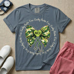 A graphic for a Neonatal Intensive Care Unit featuring a green camouflage bow with a stethoscope dangling from the bottom, a green heart in the center reading 'NICU', and the phrase 'One Lucky Nurse' repeating in a circle around the design.