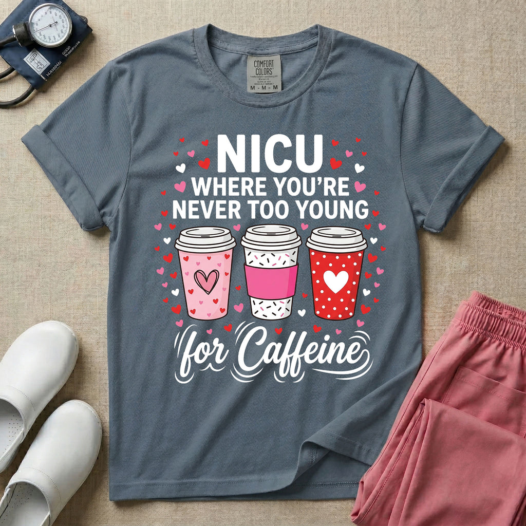 A Valentine's Day themed graphic for a Neonatal Intensive Care Unit featuring the text 'NICU WHERE YOU'RE NEVER TOO YOUNG' stacked above three to-go coffee cups decorated with heart patterns, with 'for Caffeine' written in script at the bottom, all surrounded by small red and pink hearts.