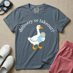 A funny L&D nursing t-shirt featuring a graphic of a white silly goose carrying a baby in a blue swaddle in its beak, surrounded by the humorous arched text "delivery or takeout?".