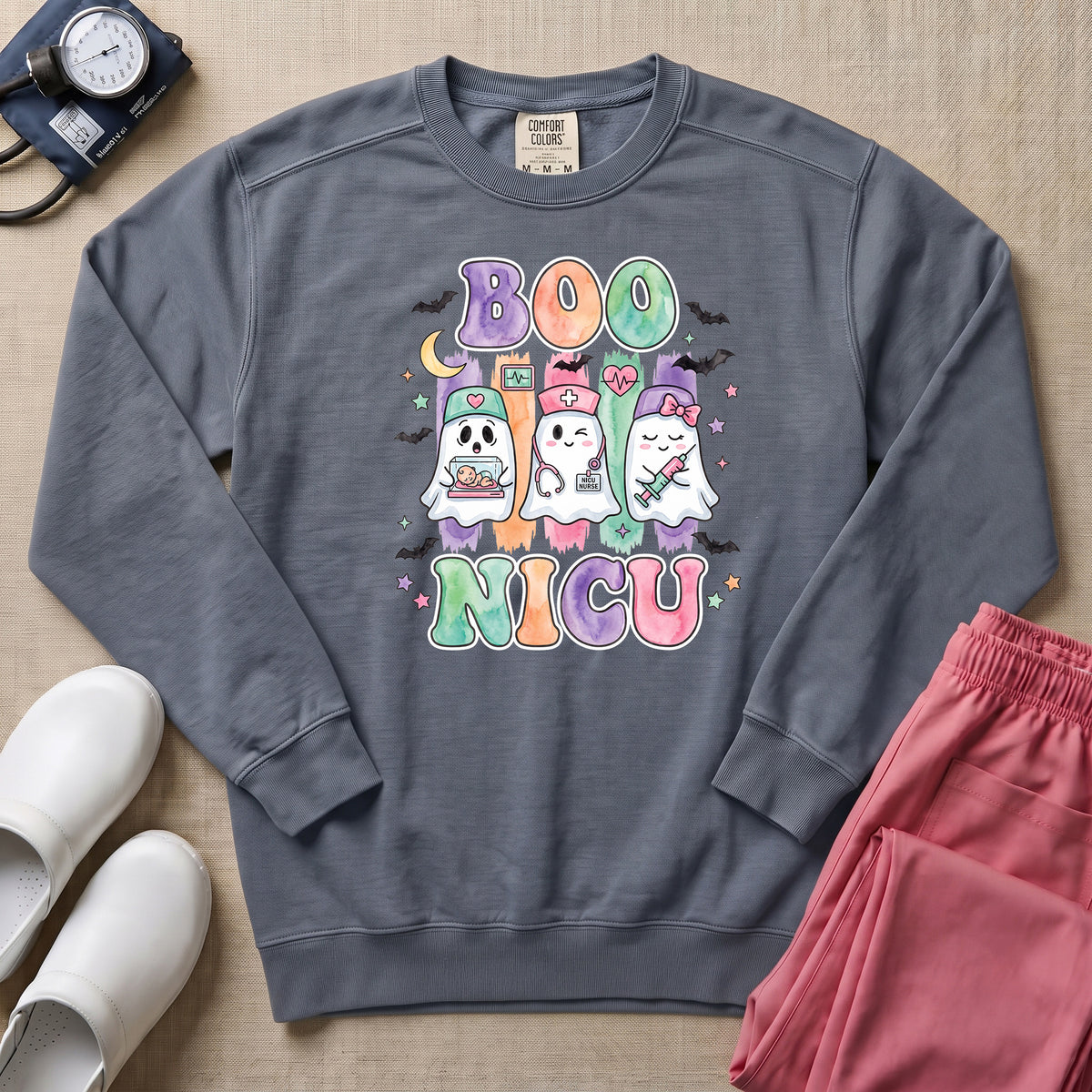 Retro Watercolor Boo NICU Ghost Nurse Halloween Sweatshirt - Blue Jean Comfort Colors Sweatshirt | HugTee