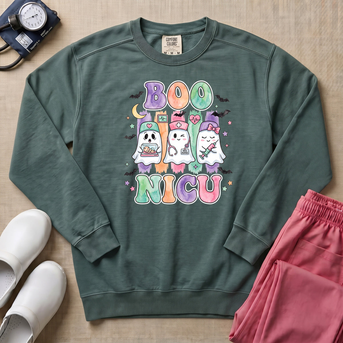 Retro Watercolor Boo NICU Ghost Nurse Halloween Sweatshirt - Blue Spruce Comfort Colors Sweatshirt | HugTee