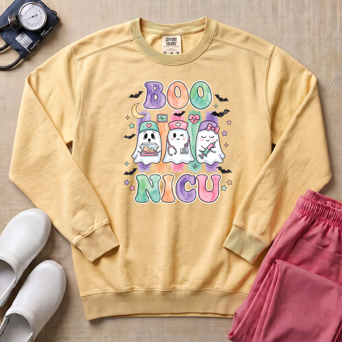 Retro Watercolor Boo NICU Ghost Nurse Halloween Sweatshirt - Butter Comfort Colors Sweatshirt | HugTee