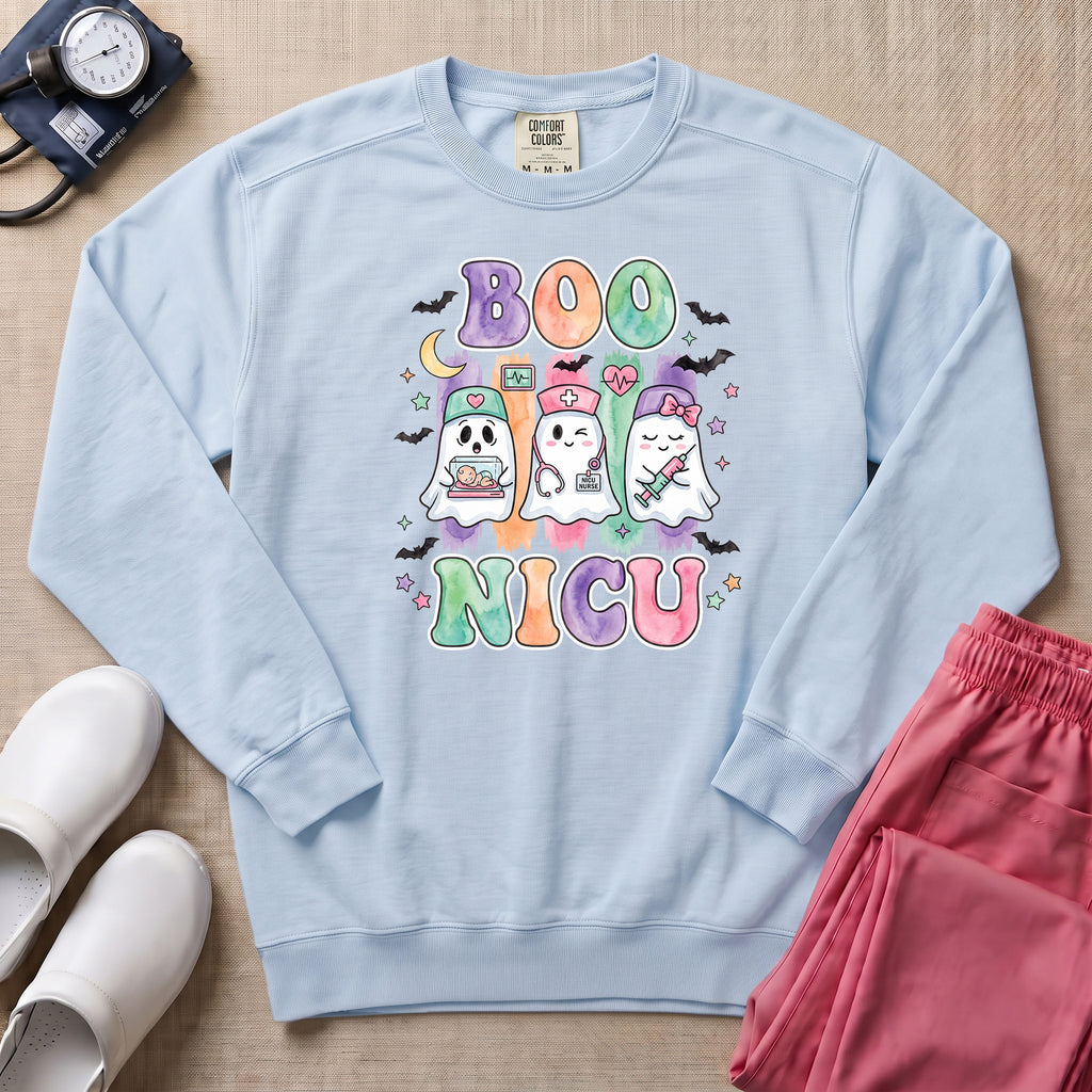Retro Watercolor Boo NICU Ghost Nurse Halloween Sweatshirt - Chambray Comfort Colors Sweatshirt | HugTee