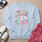 Retro Watercolor Boo NICU Ghost Nurse Halloween Sweatshirt - Chambray Comfort Colors Sweatshirt | HugTee