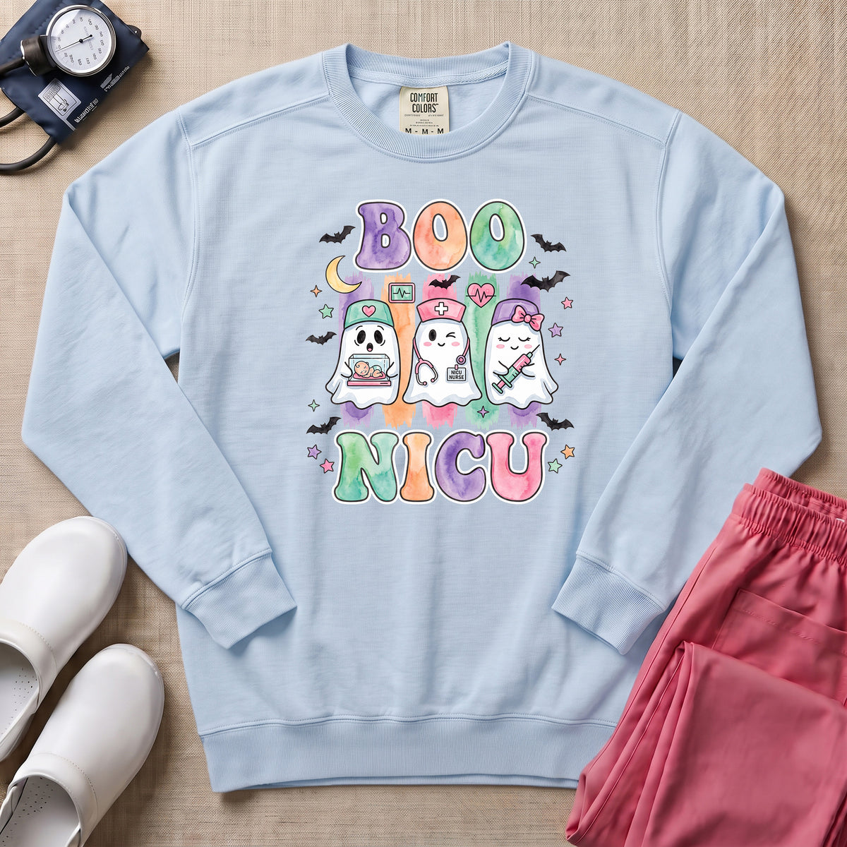 Retro Watercolor Boo NICU Ghost Nurse Halloween Sweatshirt - Chambray Comfort Colors Sweatshirt | HugTee