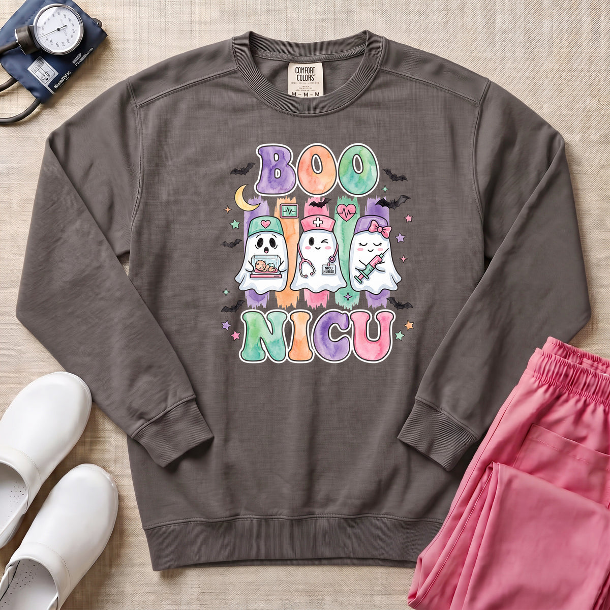 Retro Watercolor Boo NICU Ghost Nurse Halloween Sweatshirt - Pepper Lifestyle Hero Mockup | HugTee