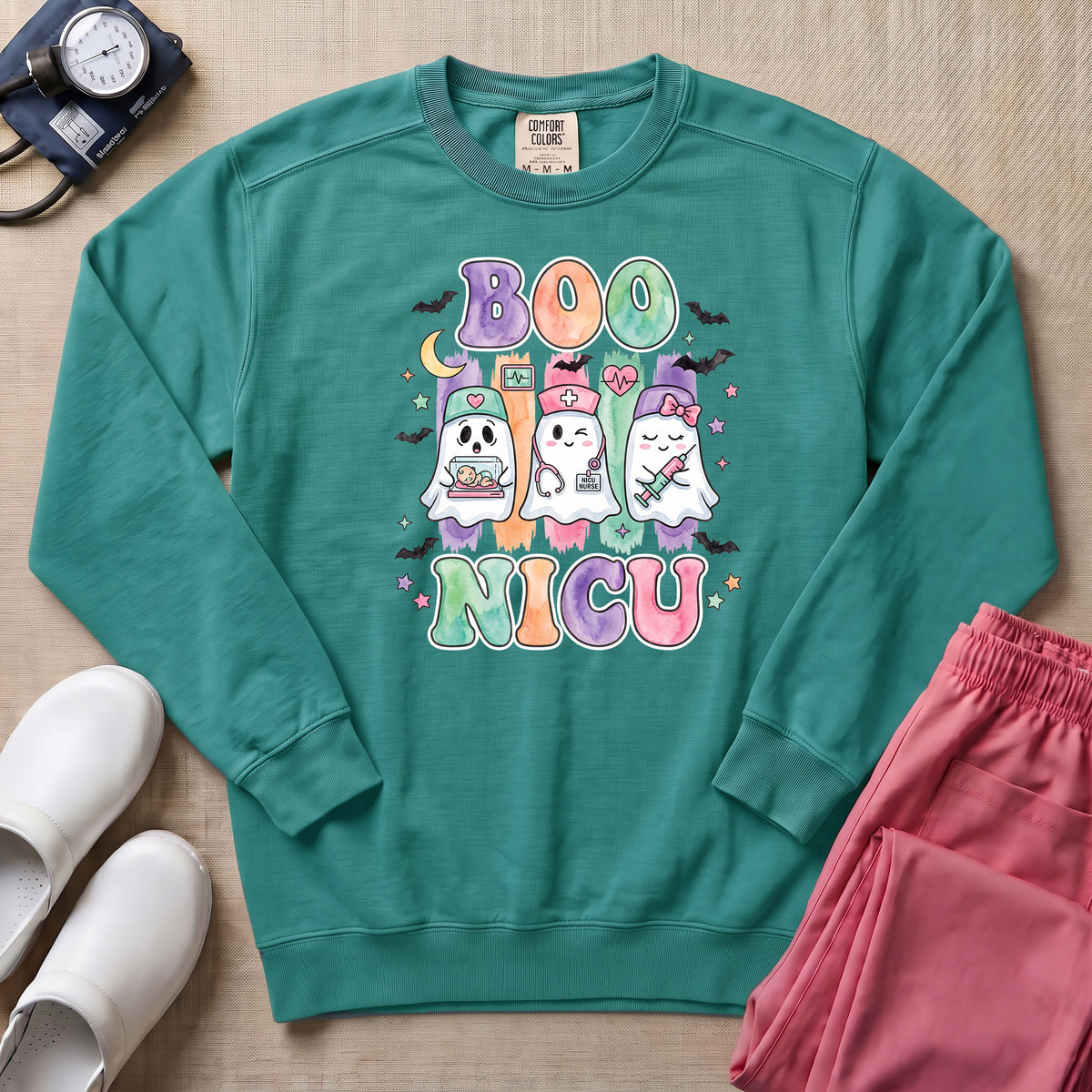 Retro Watercolor Boo NICU Ghost Nurse Halloween Sweatshirt - Seafoam Comfort Colors Sweatshirt | HugTee