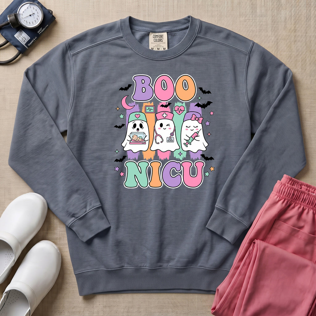 Retro Boo NICU Cute Nurse Ghosts Halloween Sweatshirt - Blue Jean Comfort Colors Sweatshirt | HugTee