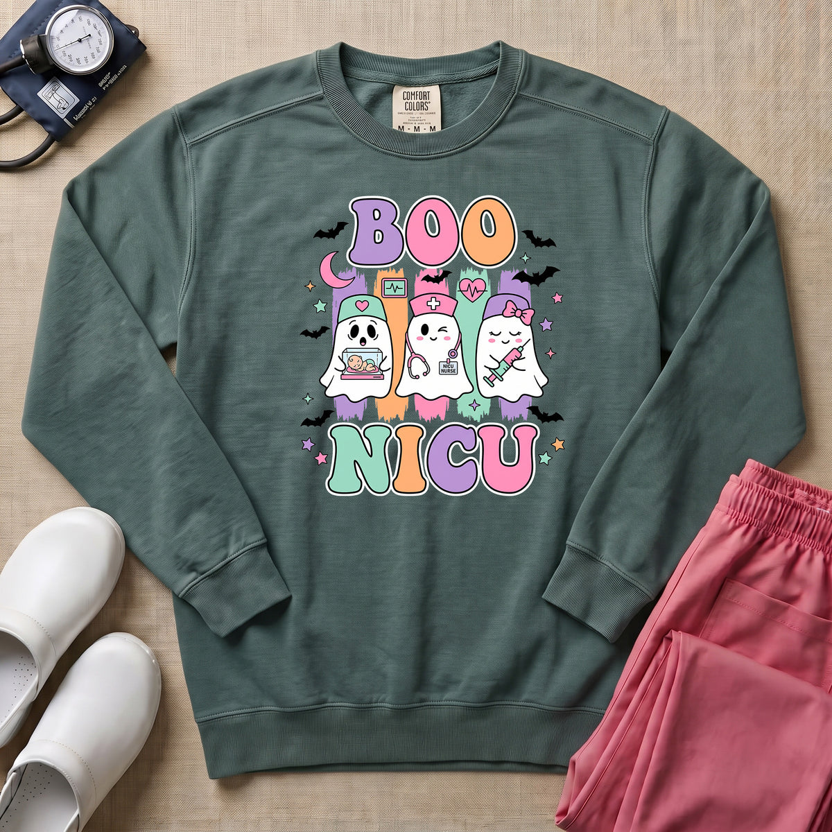 Retro Boo NICU Cute Nurse Ghosts Halloween Sweatshirt - Blue Spruce Comfort Colors Sweatshirt | HugTee