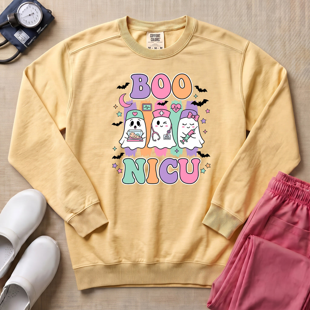 Retro Boo NICU Cute Nurse Ghosts Halloween Sweatshirt - Butter Comfort Colors Sweatshirt | HugTee