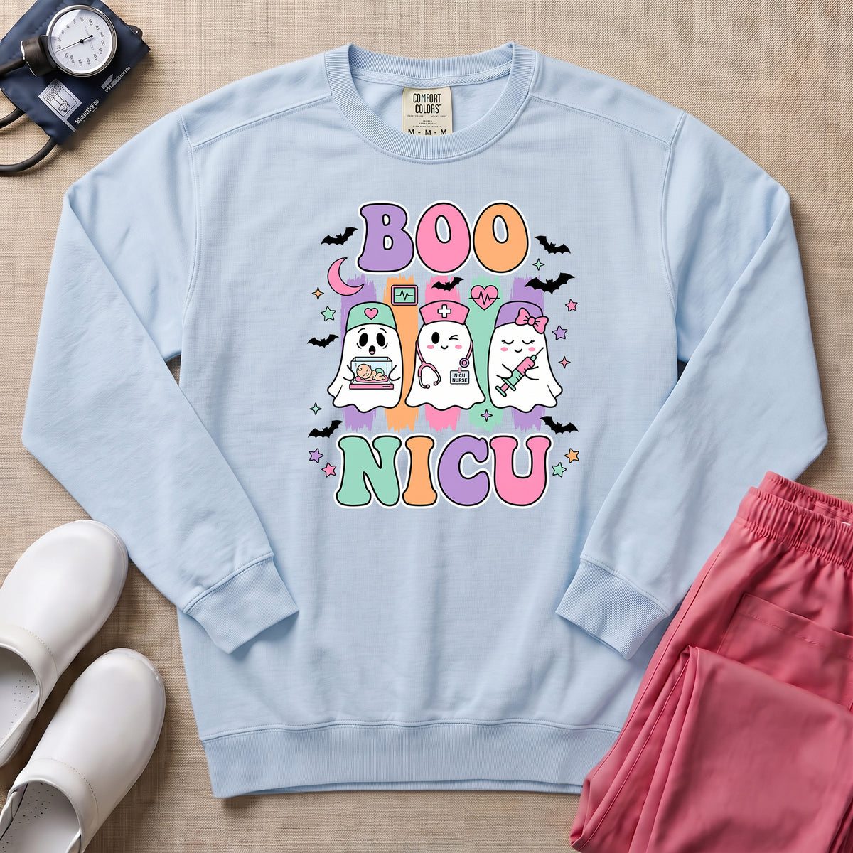 Retro Boo NICU Cute Nurse Ghosts Halloween Sweatshirt - Chambray Comfort Colors Sweatshirt | HugTee
