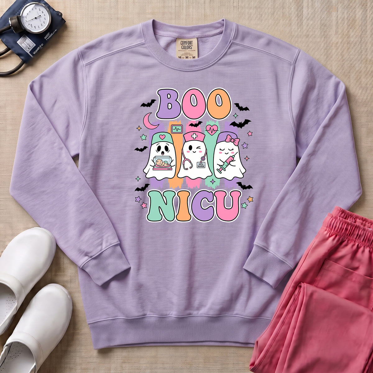 Retro Boo NICU Cute Nurse Ghosts Halloween Sweatshirt - Orchid Comfort Colors Sweatshirt | HugTee