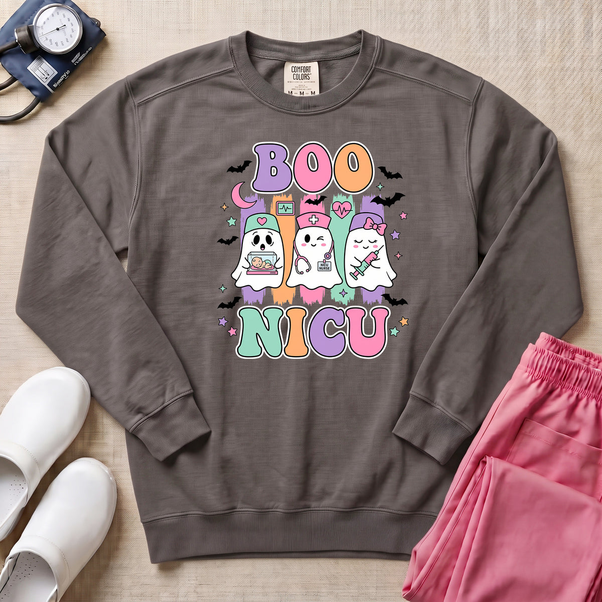 Retro Boo NICU Cute Nurse Ghosts Halloween Sweatshirt - Pepper Lifestyle Hero Mockup | HugTee