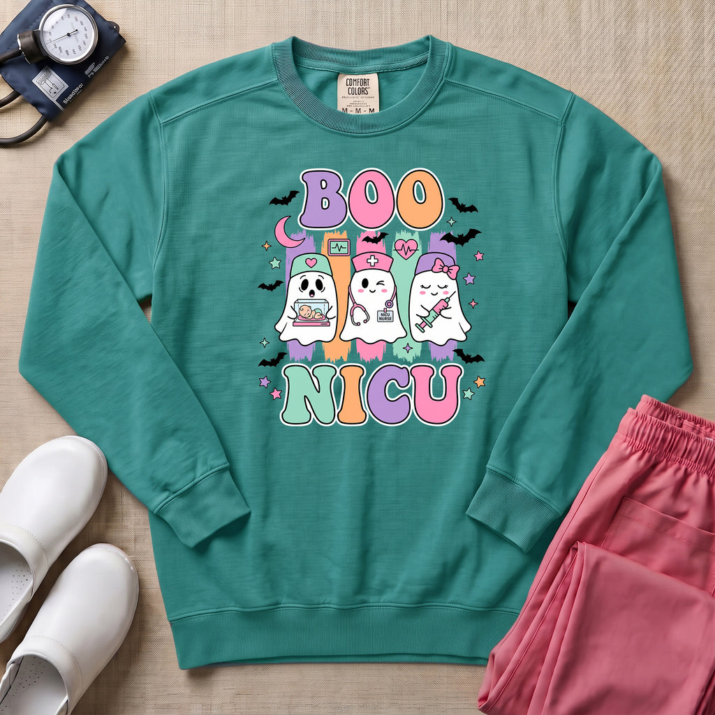 Retro Boo NICU Cute Nurse Ghosts Halloween Sweatshirt - Seafoam Comfort Colors Sweatshirt | HugTee