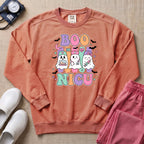 Retro Boo NICU Cute Nurse Ghosts Halloween Sweatshirt - Terracotta Comfort Colors Sweatshirt | HugTee