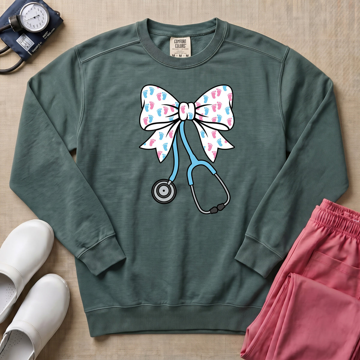 Coquette Bow Stethoscope Sweatshirt - Blue Spruce Comfort Colors Sweatshirt | HugTee