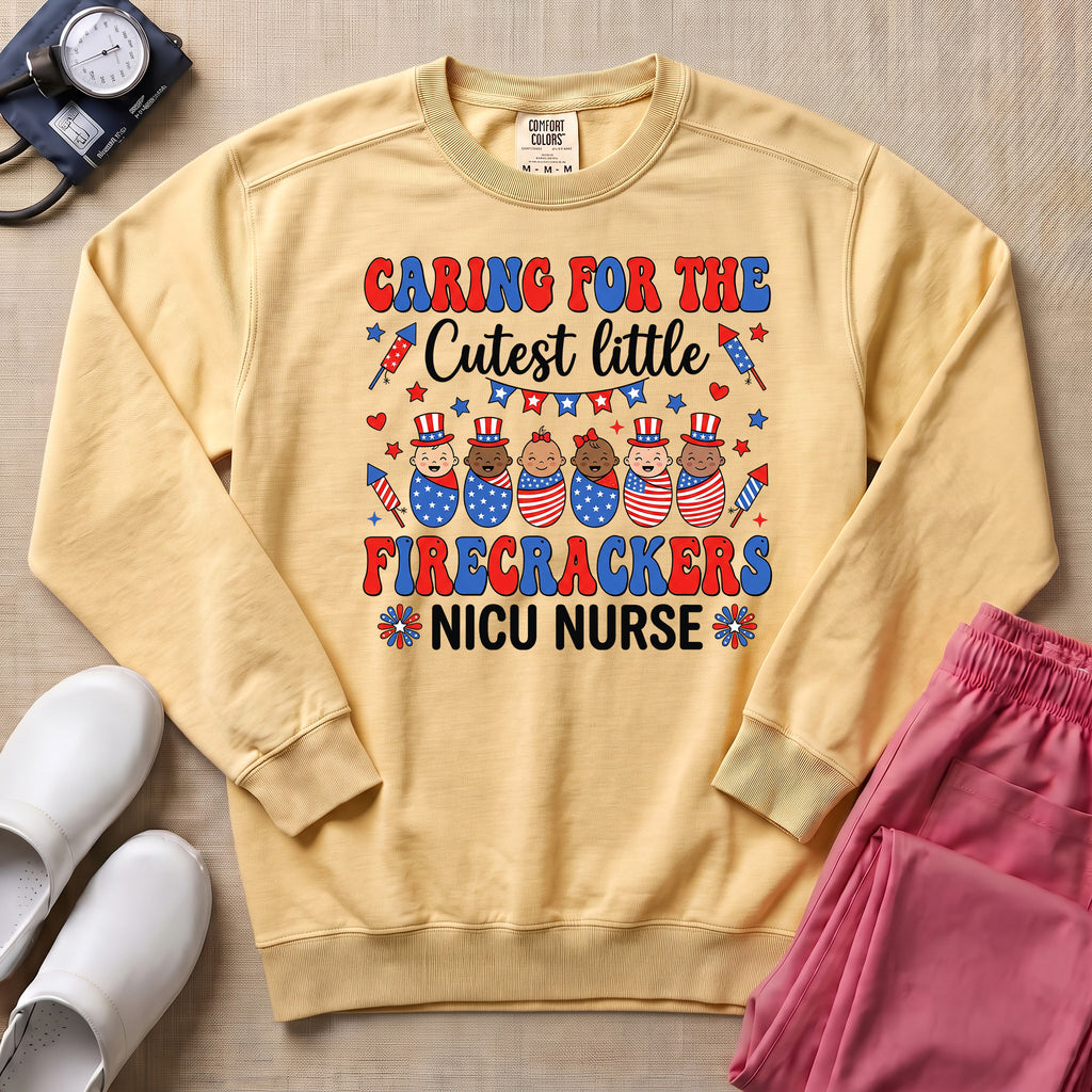 4th of July NICU Nurse Cutest Little Firecrackers Sweatshirt - Butter Comfort Colors Sweatshirt | HugTee