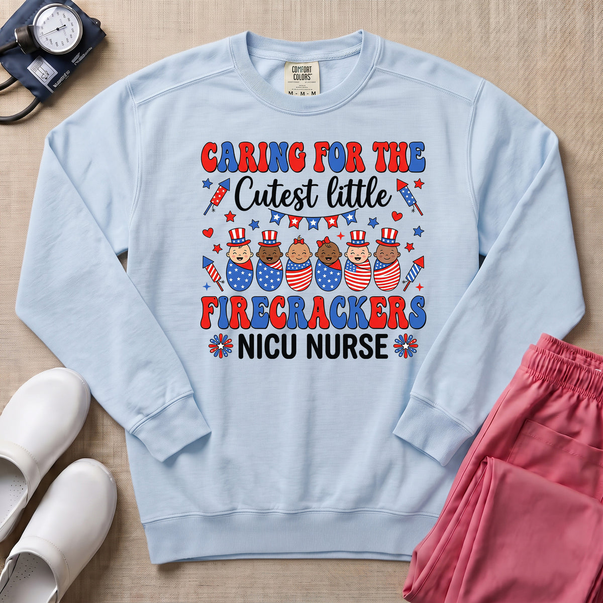 4th of July NICU Nurse Cutest Little Firecrackers Sweatshirt - Chambray Comfort Colors Sweatshirt | HugTee