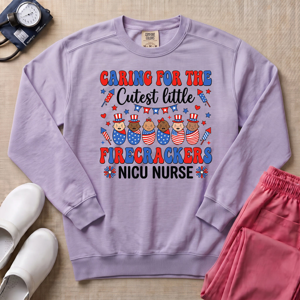 4th of July NICU Nurse Cutest Little Firecrackers Sweatshirt - Orchid Comfort Colors Sweatshirt | HugTee