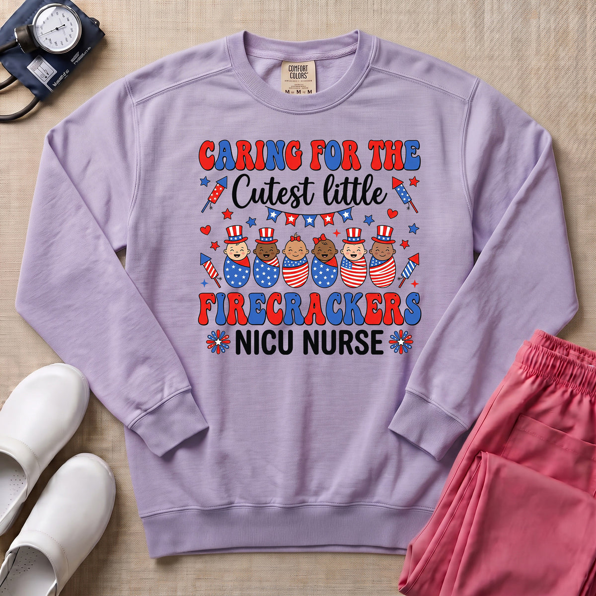 4th of July NICU Nurse Cutest Little Firecrackers Sweatshirt - Orchid Comfort Colors Sweatshirt | HugTee