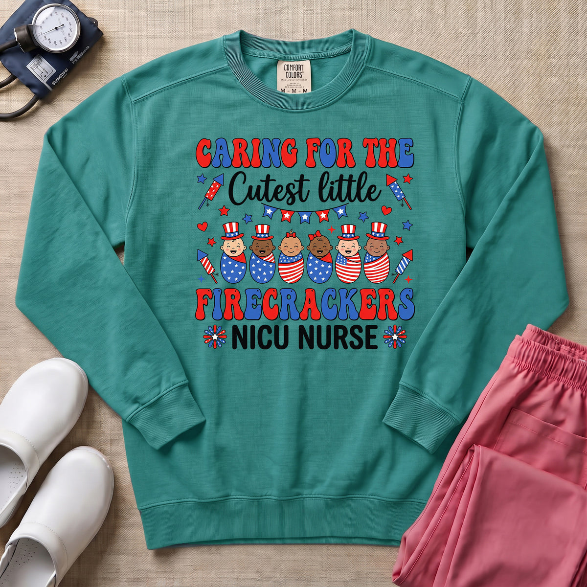 4th of July NICU Nurse Cutest Little Firecrackers Sweatshirt - Seafoam Comfort Colors Sweatshirt | HugTee