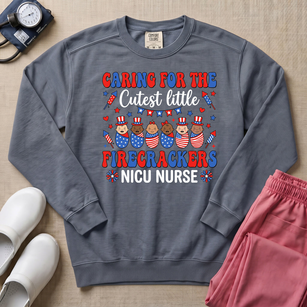 4th of July NICU Nurse Cutest Little Firecrackers Sweatshirt - Blue Jean Comfort Colors Sweatshirt | HugTee
