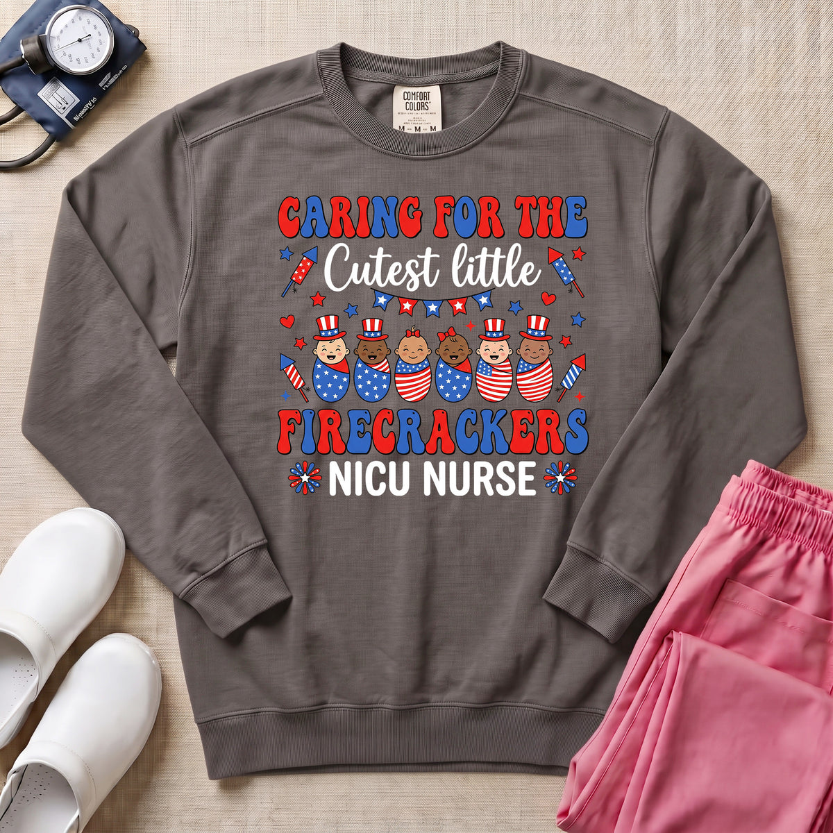 4th of July NICU Nurse Cutest Little Firecrackers Sweatshirt - Pepper Lifestyle Hero Mockup | HugTee