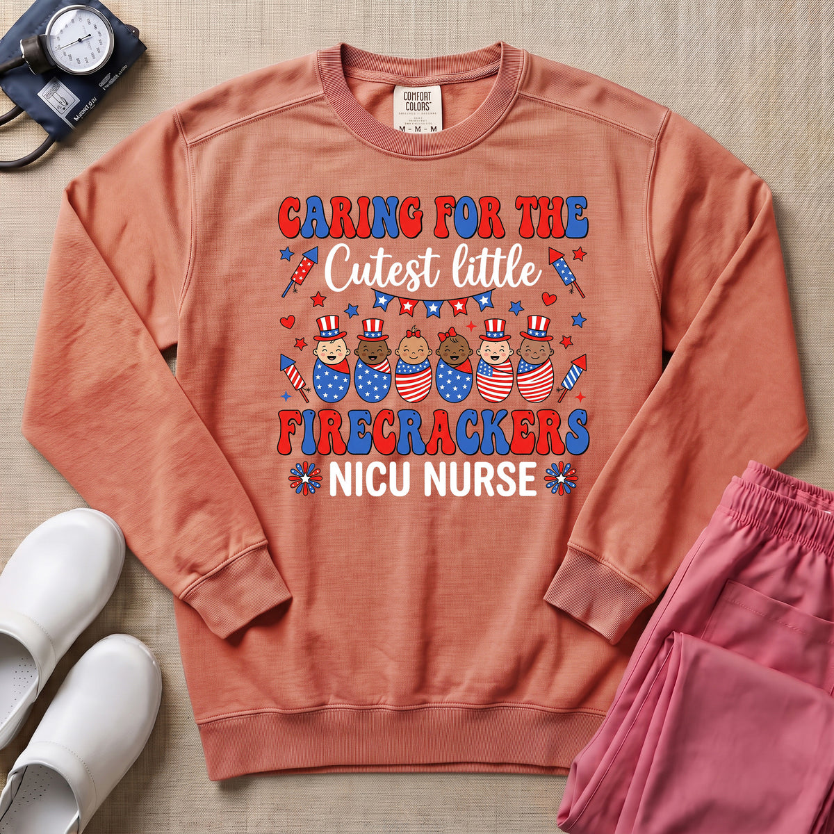 4th of July NICU Nurse Cutest Little Firecrackers Sweatshirt - Terracotta Comfort Colors Sweatshirt | HugTee