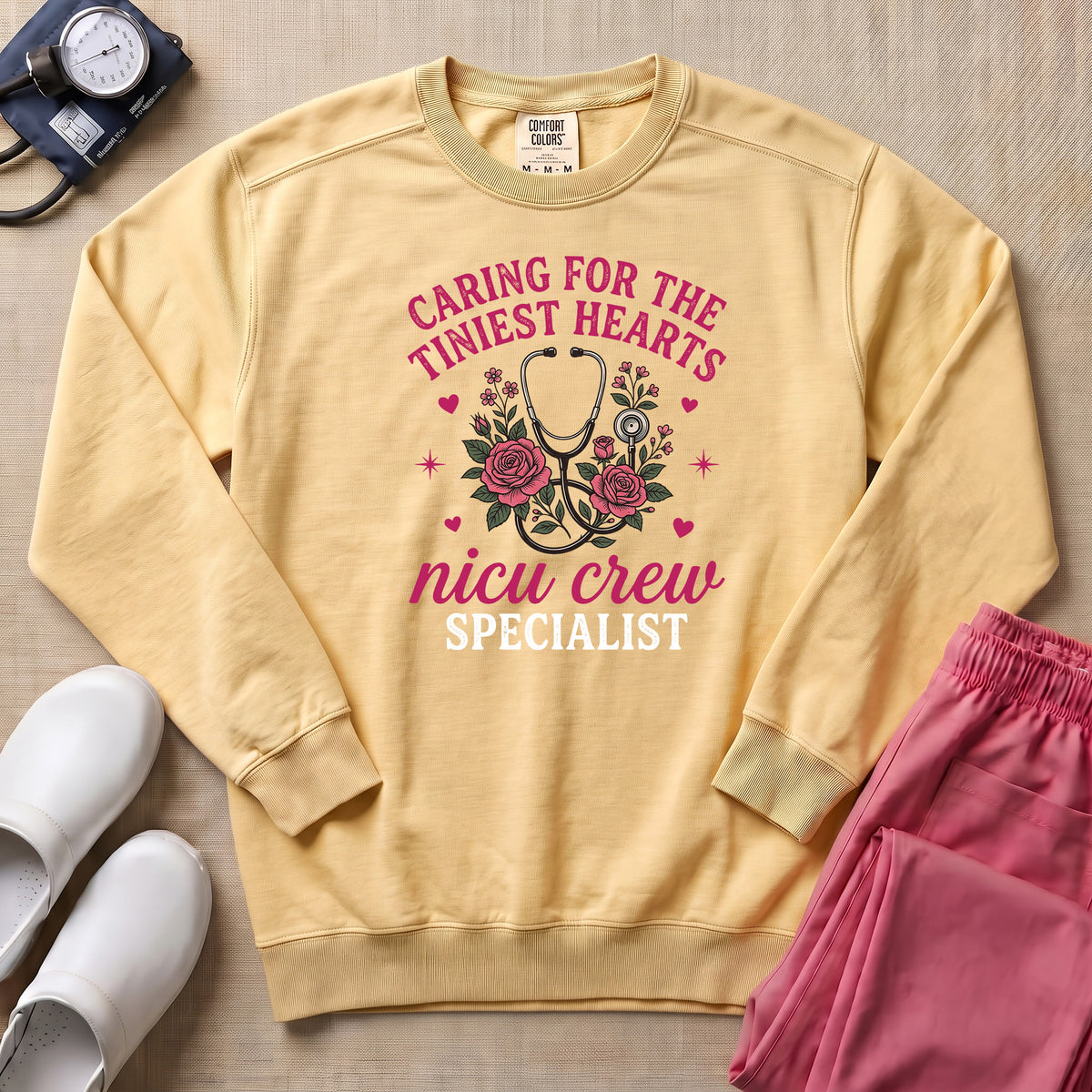 Caring For The Tiniest Hearts NICU Crew Floral Sweatshirt - Butter Comfort Colors Sweatshirt | HugTee