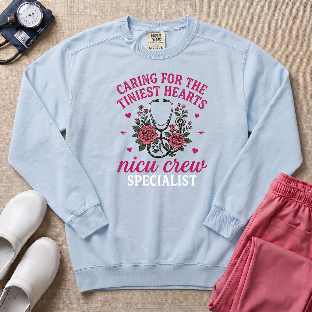 Caring For The Tiniest Hearts NICU Crew Floral Sweatshirt - Chambray Comfort Colors Sweatshirt | HugTee