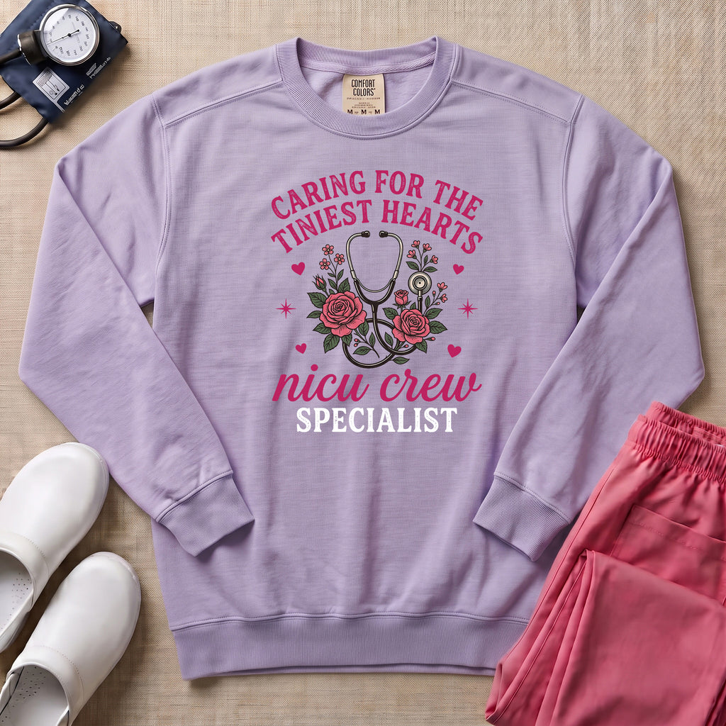 Caring For The Tiniest Hearts NICU Crew Floral Sweatshirt - Orchid Comfort Colors Sweatshirt | HugTee