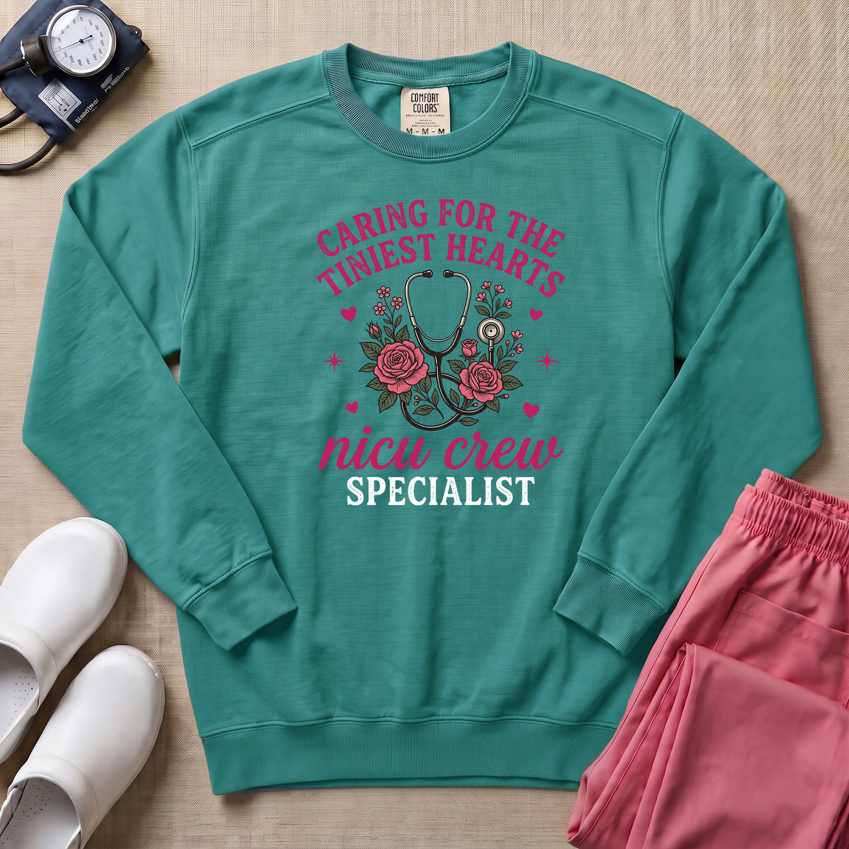 Caring For The Tiniest Hearts NICU Crew Floral Sweatshirt - Seafoam Comfort Colors Sweatshirt | HugTee