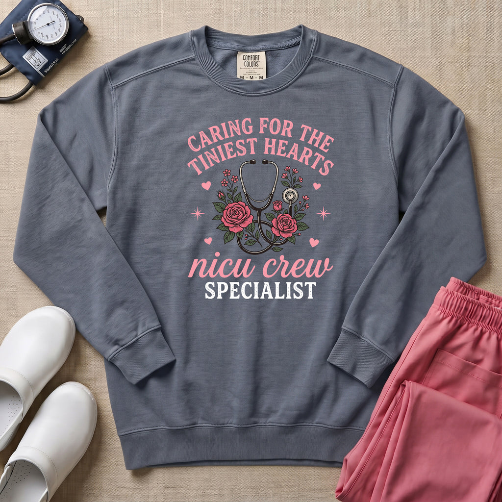 Caring For The Tiniest Hearts NICU Crew Floral Sweatshirt - Blue Jean Comfort Colors Sweatshirt | HugTee