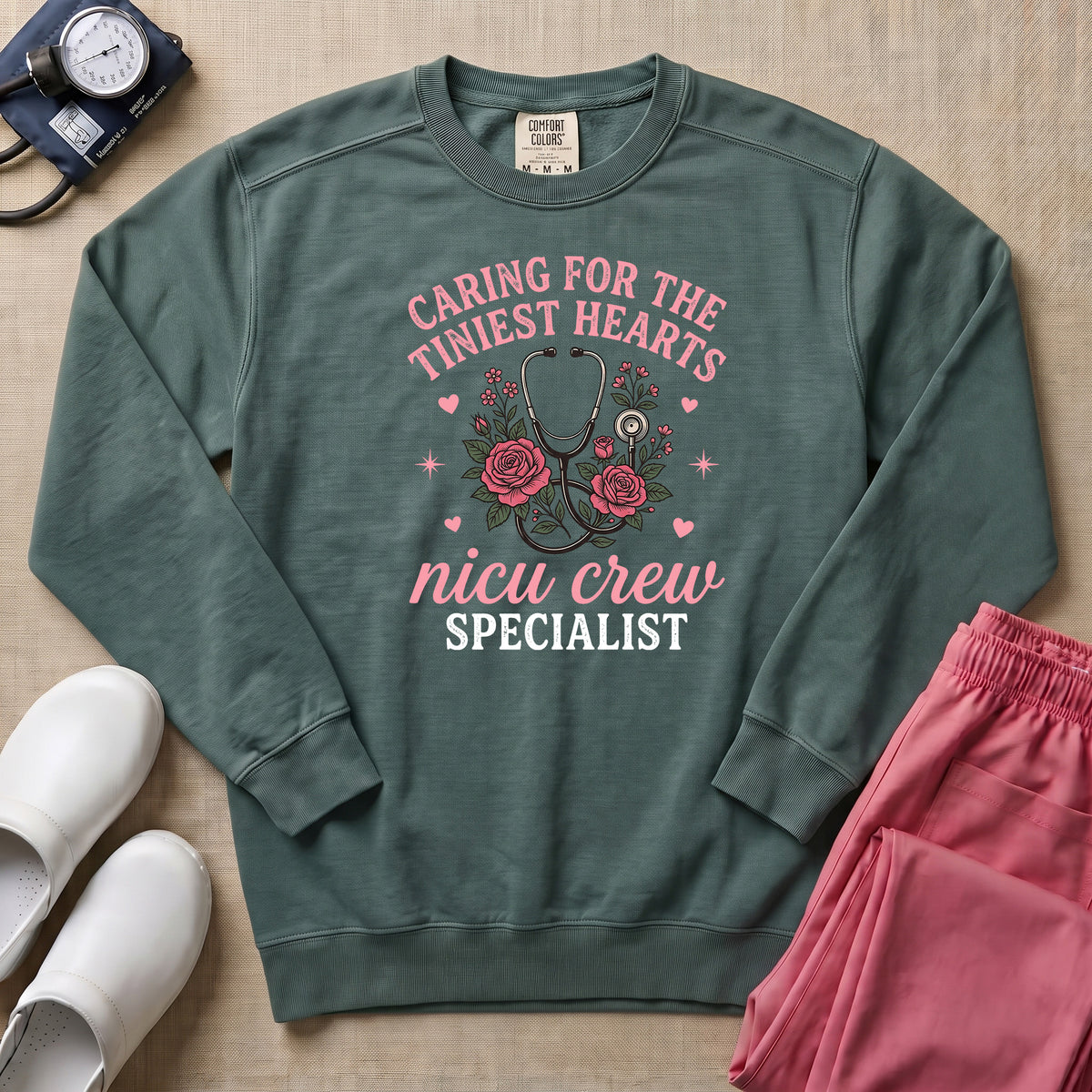 Caring For The Tiniest Hearts NICU Crew Floral Sweatshirt - Blue Spruce Comfort Colors Sweatshirt | HugTee
