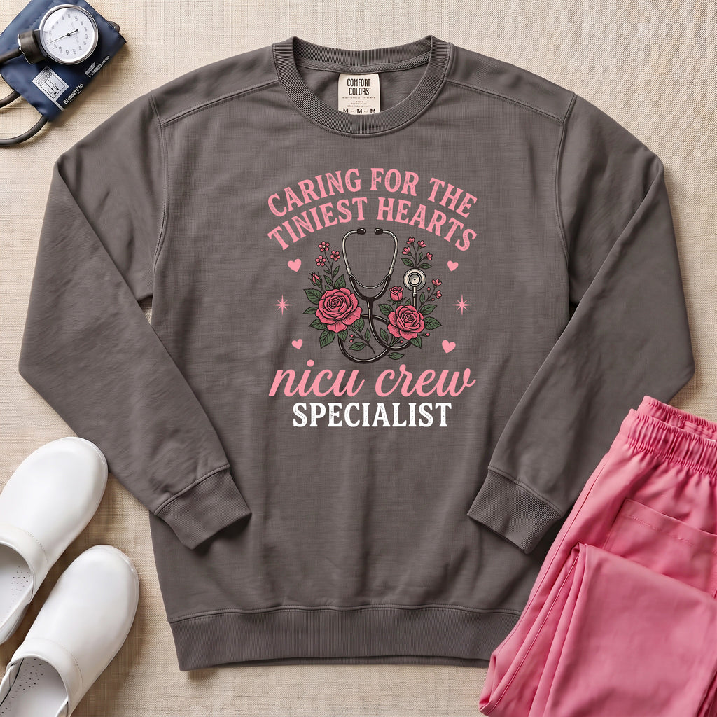 Caring For The Tiniest Hearts NICU Crew Floral Sweatshirt - Pepper Lifestyle Hero Mockup | HugTee