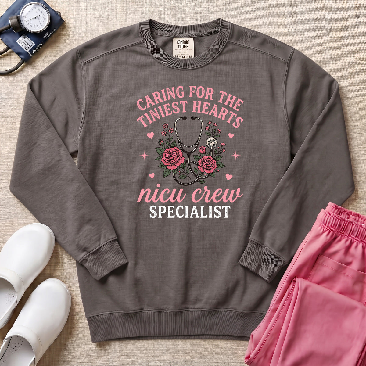 Caring For The Tiniest Hearts NICU Crew Floral Sweatshirt - Pepper Lifestyle Hero Mockup | HugTee