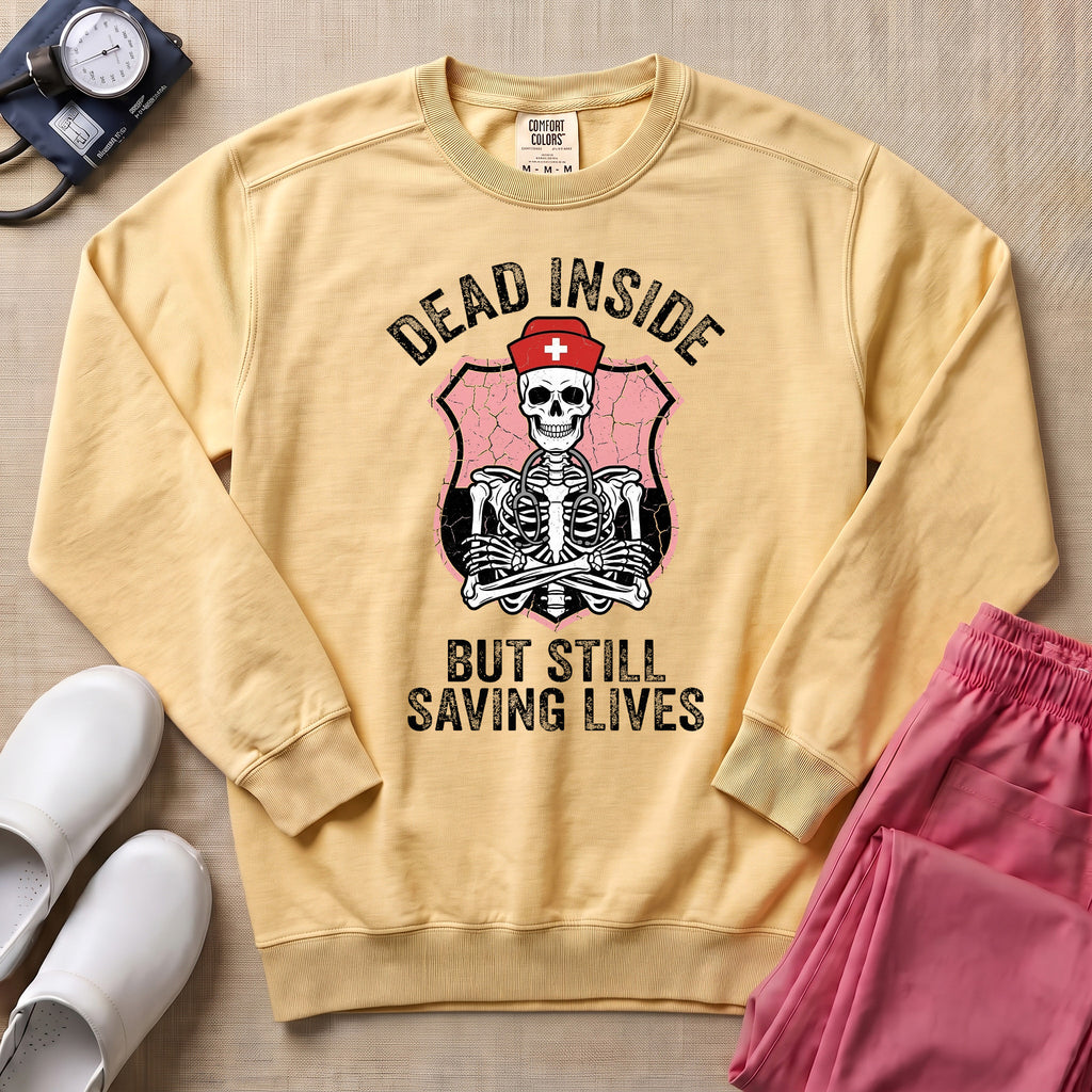 Funny Dead Inside Skeleton Nurse Sweatshirt - Butter Comfort Colors Sweatshirt | HugTee