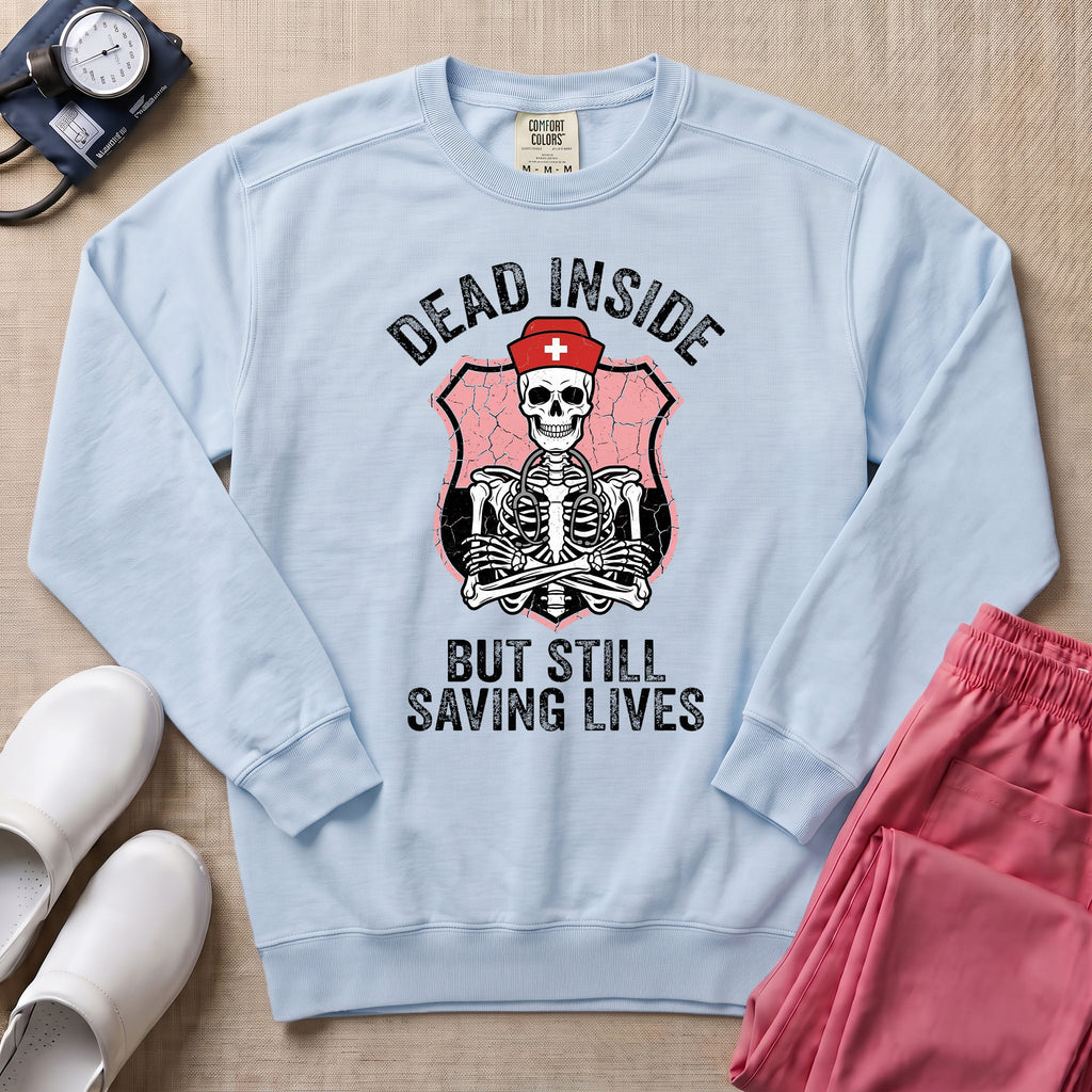 Funny Dead Inside Skeleton Nurse Sweatshirt - Chambray Comfort Colors Sweatshirt | HugTee