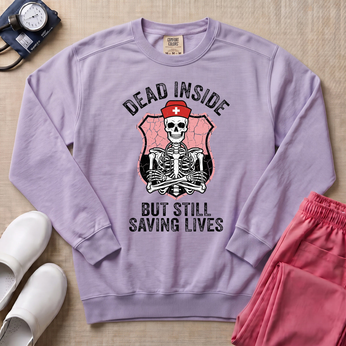 Funny Dead Inside Skeleton Nurse Sweatshirt - Orchid Comfort Colors Sweatshirt | HugTee